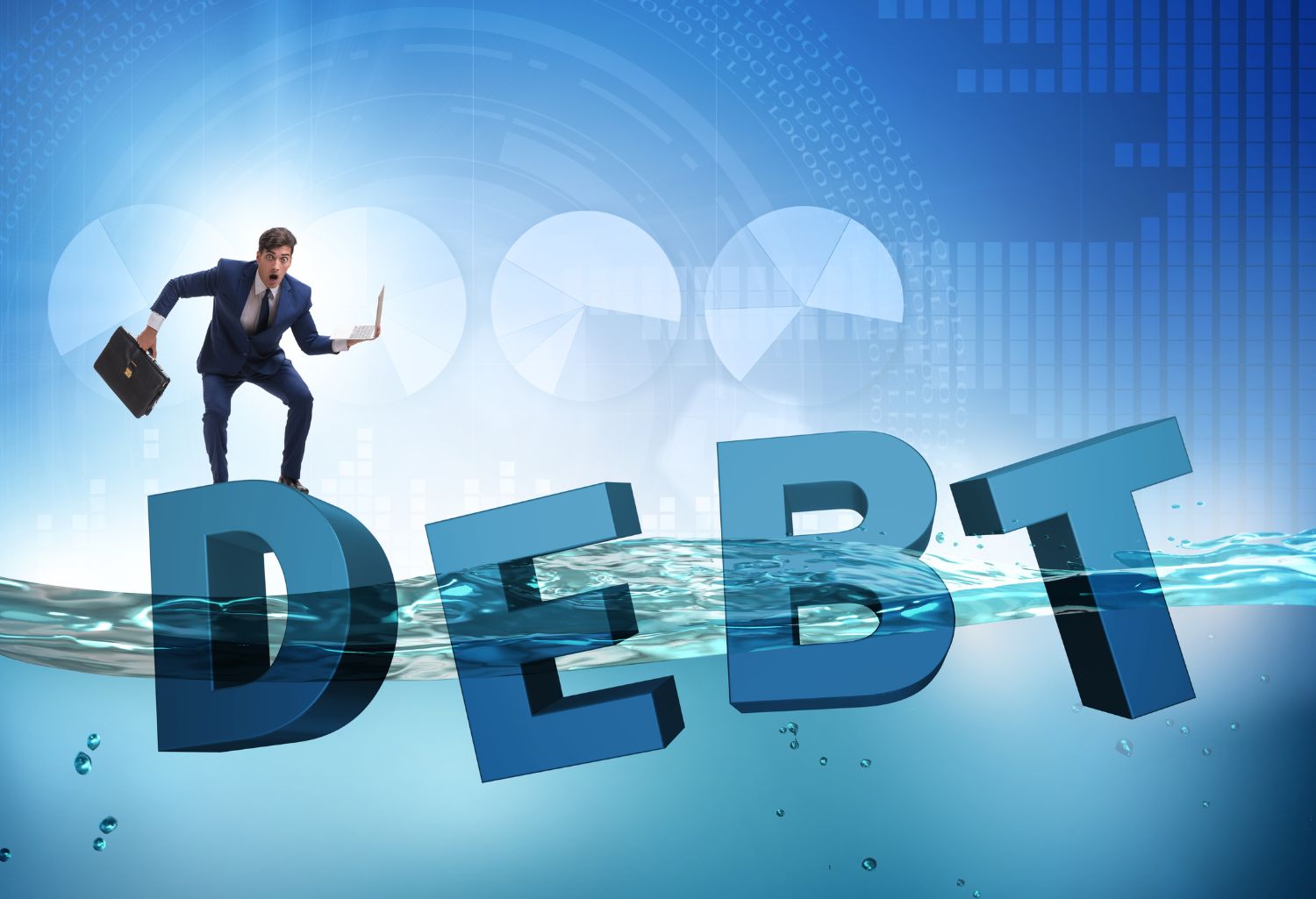 bUSINESSMAN IN DEBT BUSINESS CONCEPT REPRESENTING Debt Collection for Environmental Businesses.